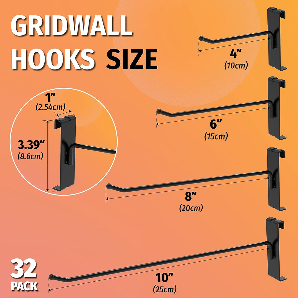 HUHOLE 32 Pack 6 Inch Gridwall Hooks for 3"X3" Wire Grid Panel – Black Heavy Dut