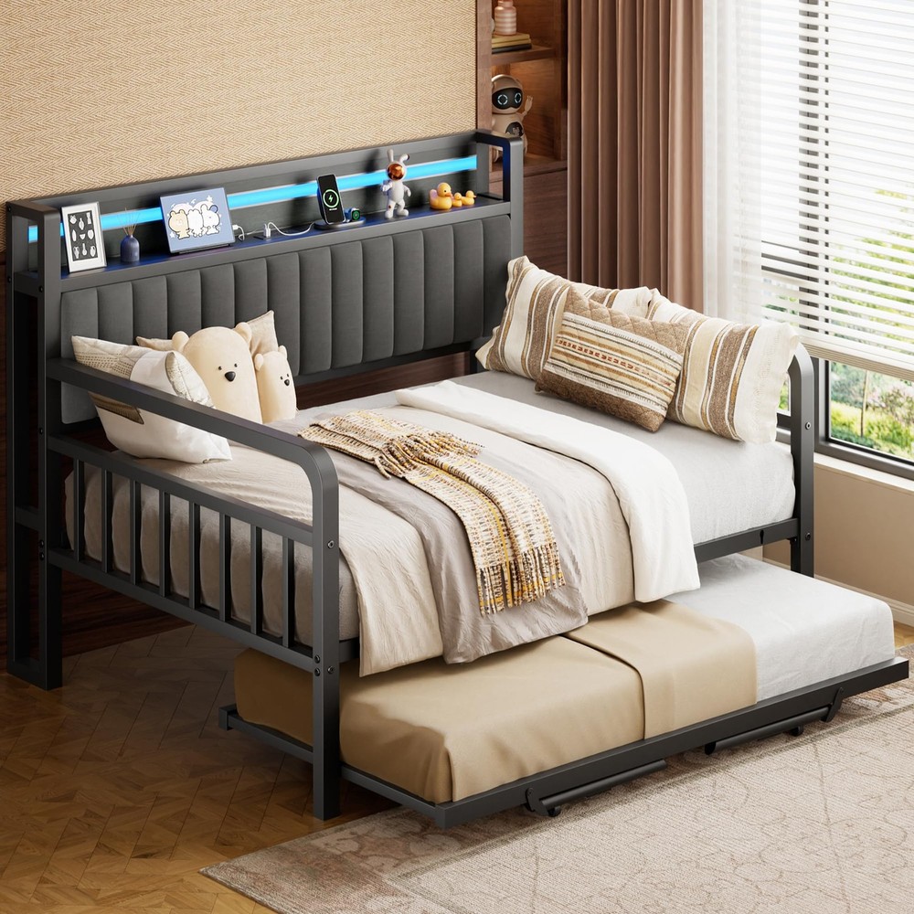 Full Bed Frame with Upholstered Storage Headboard & Charging Station Black Led