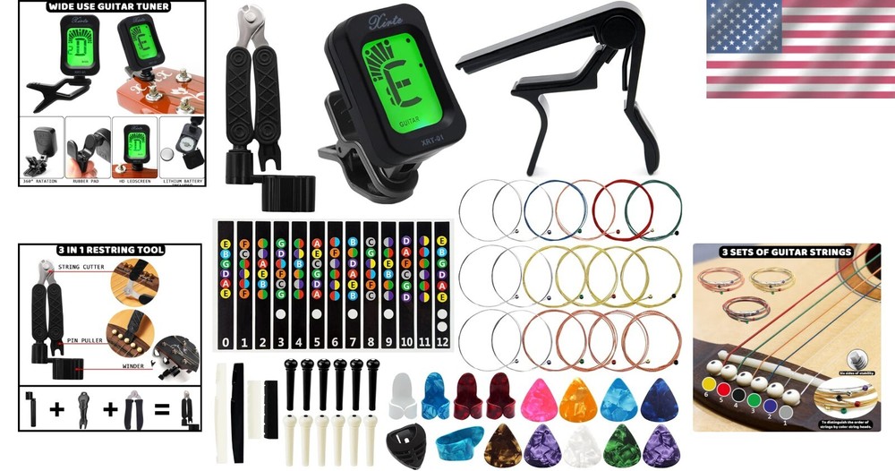 Complete Acoustic Guitar Care Kit with Colorful Strings & Easy Restring Tool