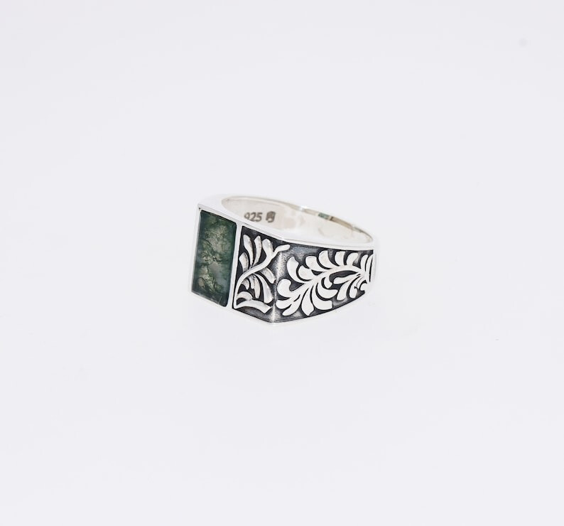 Natural Moss Agate Men's Ring Solid 925 Sterling Silver Ring Signet Ring