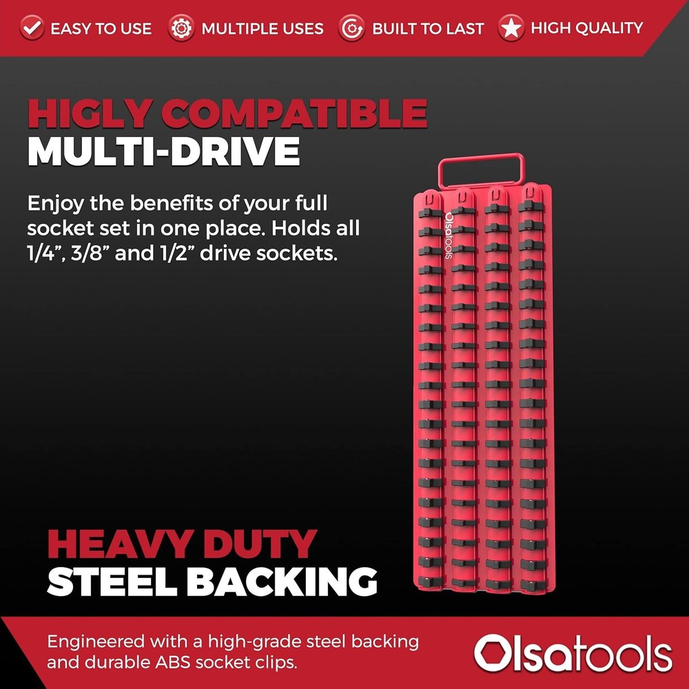 Olsa Tools Socket Organizer Tray - Portable Red Rail with Black Clips
