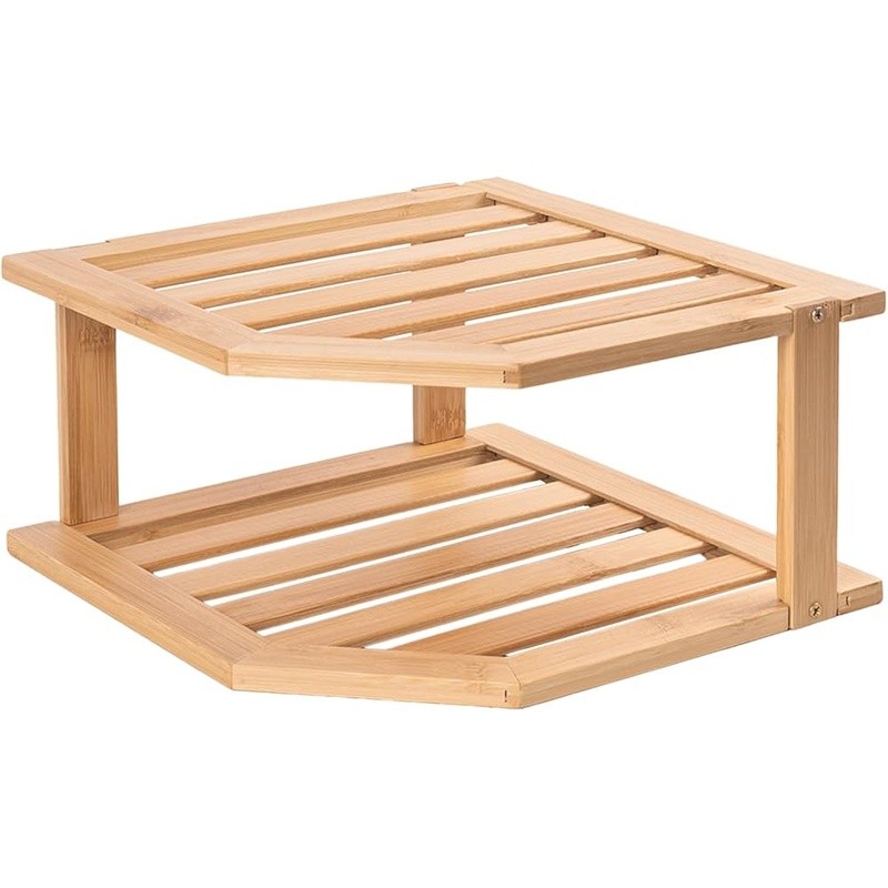 Bamboo Plate Organizer Adjustable Kitchen Corner Shelf Durable Dish Rack Storage