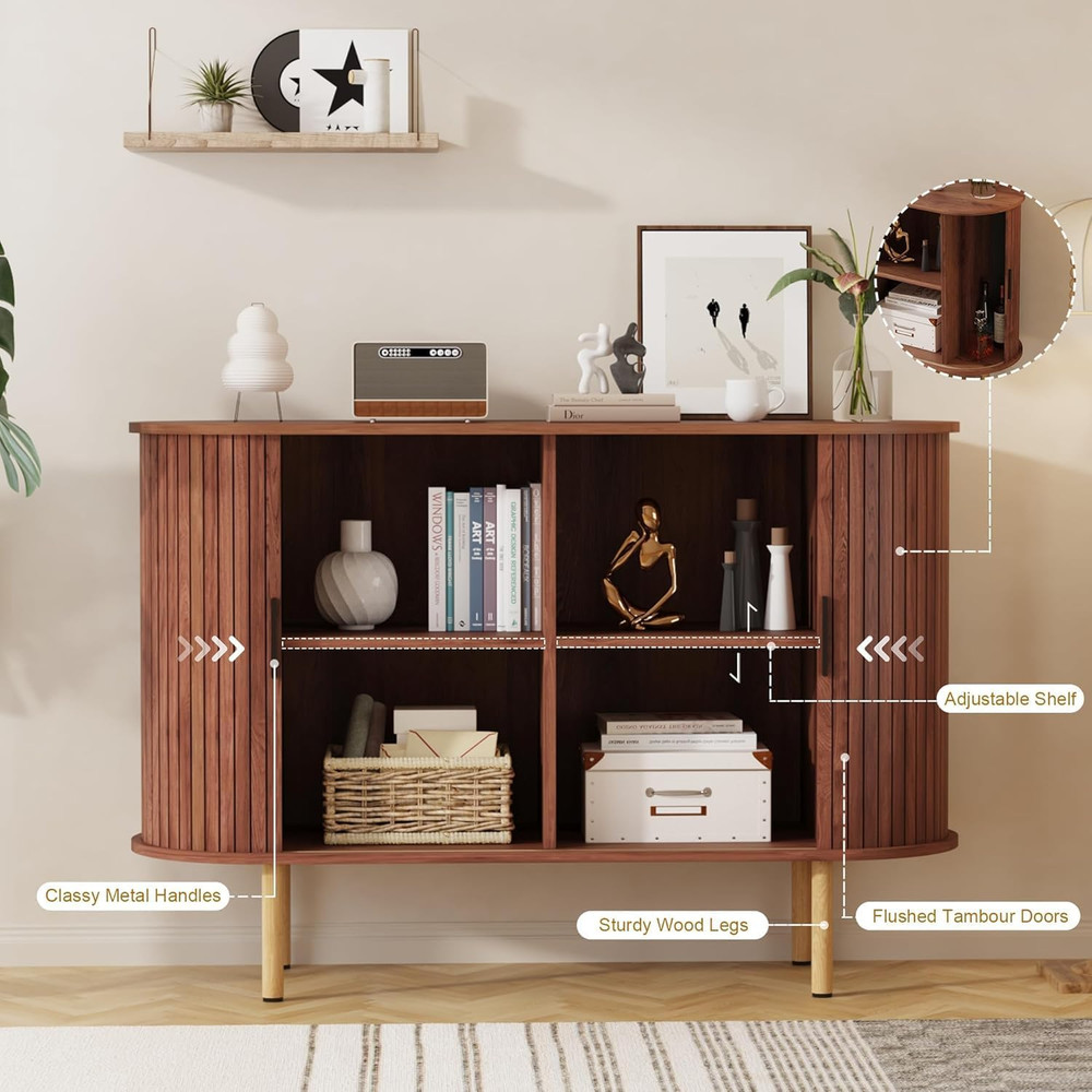 Modern 47" Walnut Sideboard Buffet Cabinet with Sliding Doors & Adjustable Shelv