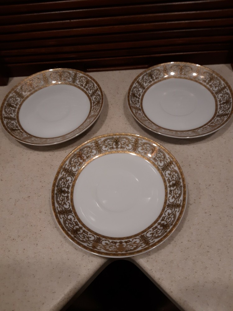3 Royal Vienna Saucers Gold trim Pattern