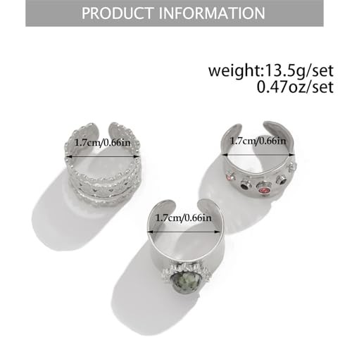 3Pcs Chunky Statement Ring Set for Women,Stackable Wide Band Rings Silver