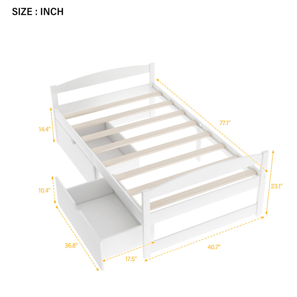 Twin Size Platform Bed Two Drawers White Solid Wood Frame Simple Single-layer