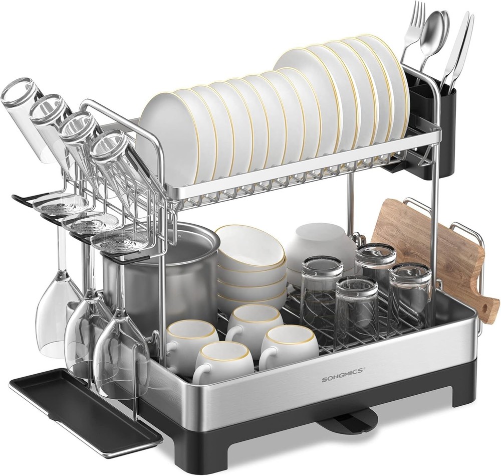 Dish Drying Rack 2 Tier Dish Rack Kitchen Counter W/ Rotatable & Extendable