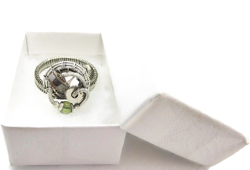 Adjustable Peridot Steampunk Ring in Sterling Silver & Stainless Steel