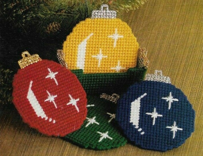 CHRISTMAS ORNAMENT COASTER SET PLASTIC CANVAS PATTERN INSTRUCTIONS