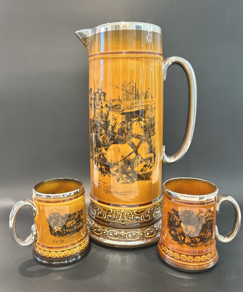 Antique Ridgways Coaching Days 12" Master Ale Pitcher & 2 Tankards Silver Luster