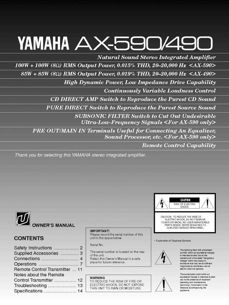 Yamaha AX-590 Amplifier Owners Manual
