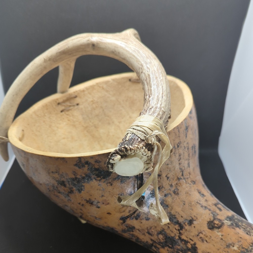 Large Gourd Bowl Cornucopia basket deer antler handle cabin rustic decor