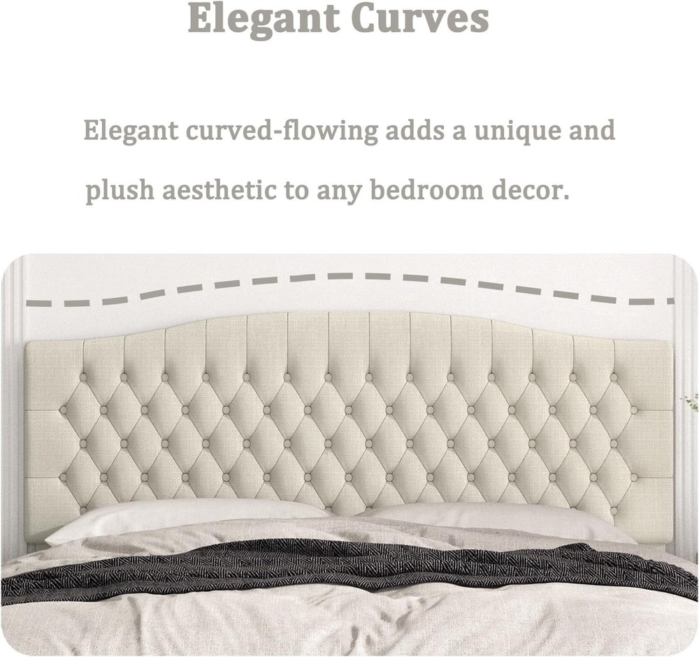 King Headboard Upholstered Wall Mount Tufted Linen Ivory for Adjustable Bed