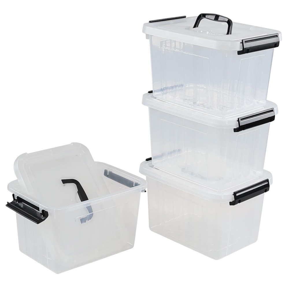 4 Packs Plastic Stackable Storage Container Bin with Lid and Latch, Plastic L...