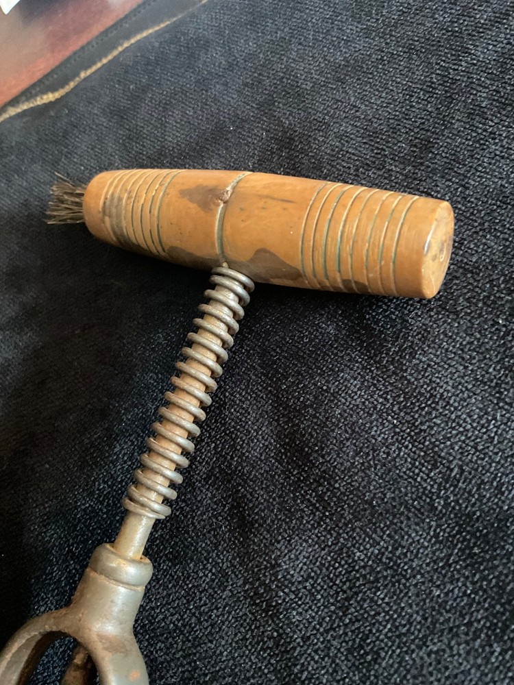 Antique Unique Spring Corkscrew Turned Wood Handle with Brush