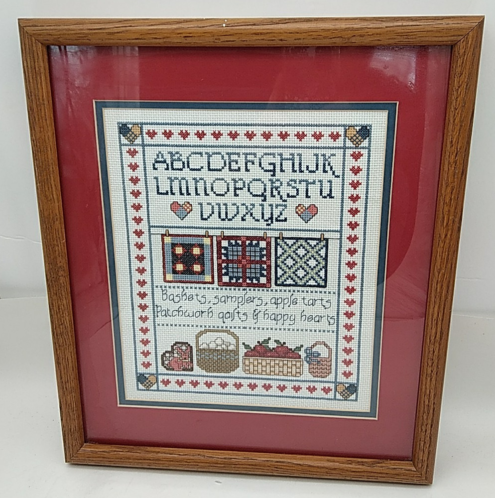 Vintage Framed Matted Completed Cross Stitch ALPHABET SAMPLER Baskets, Quilts +