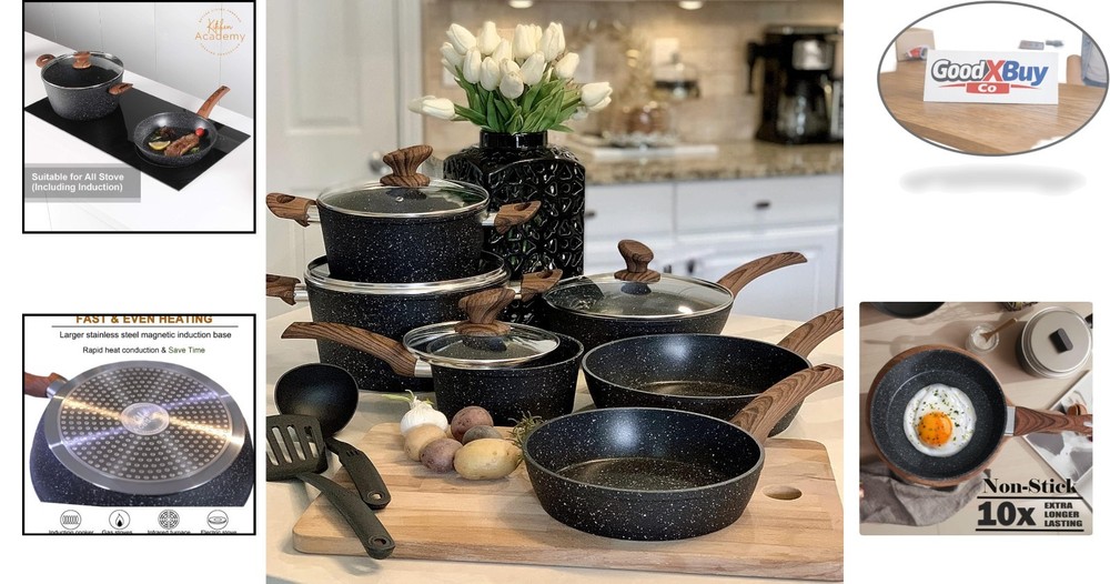 12-Piece Nonstick Granite Cookware Set Induction Compatible Black with Lids &...