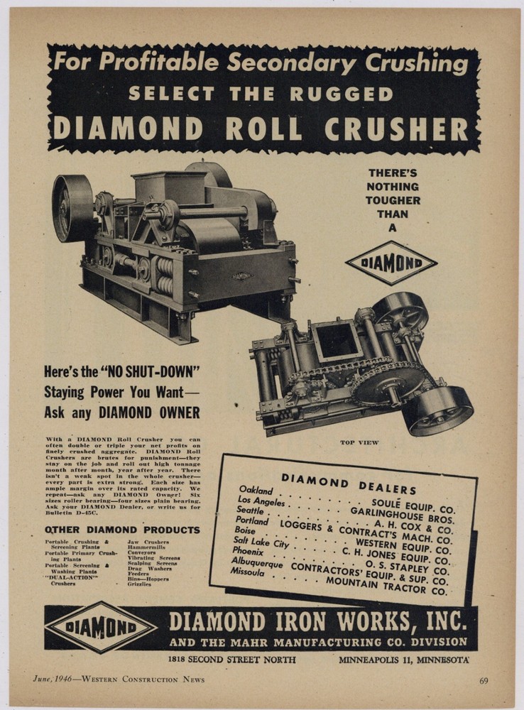 1946 Diamond Iron Works Ad: Roll Crusher for Mining Operations - Minneapolis, MN