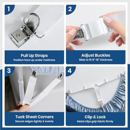 4 PCS Bed Sheet Straps – Adjustable Corner Clips to Keep 4 Pcs (Triangle) White