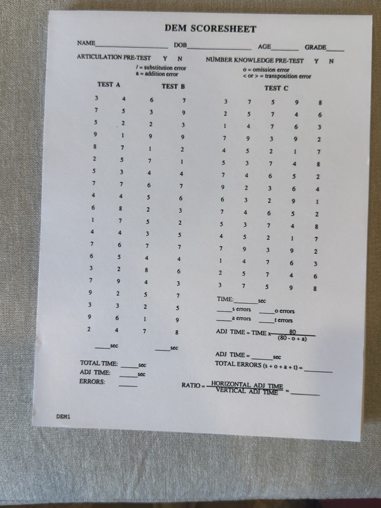 BERNELL Developmental Eye Movement Test (DEM) Test Kit