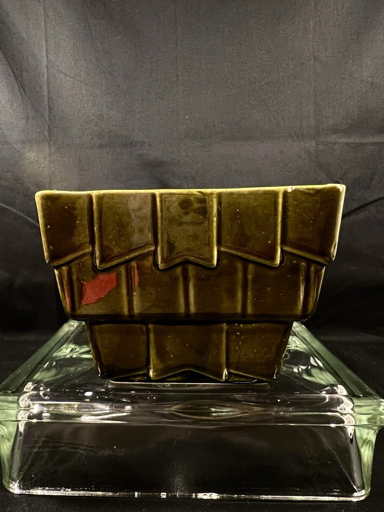 Olive Green Planter By Cookson Pottery, Rectangular With Geometric Design
