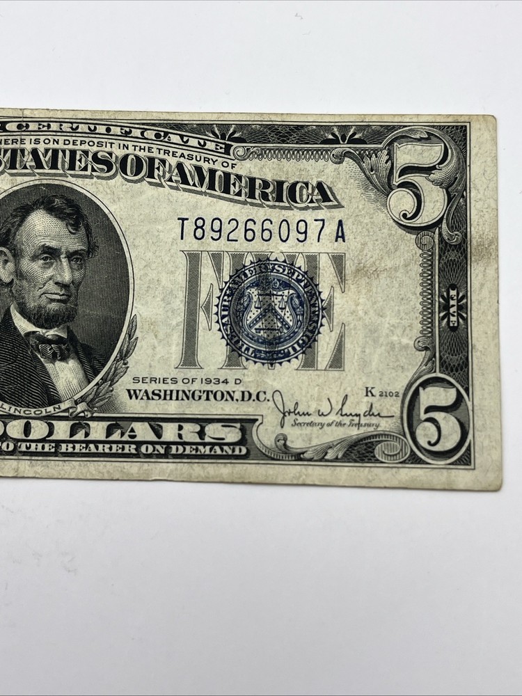 1934 D $5 Silver Certificate Bill