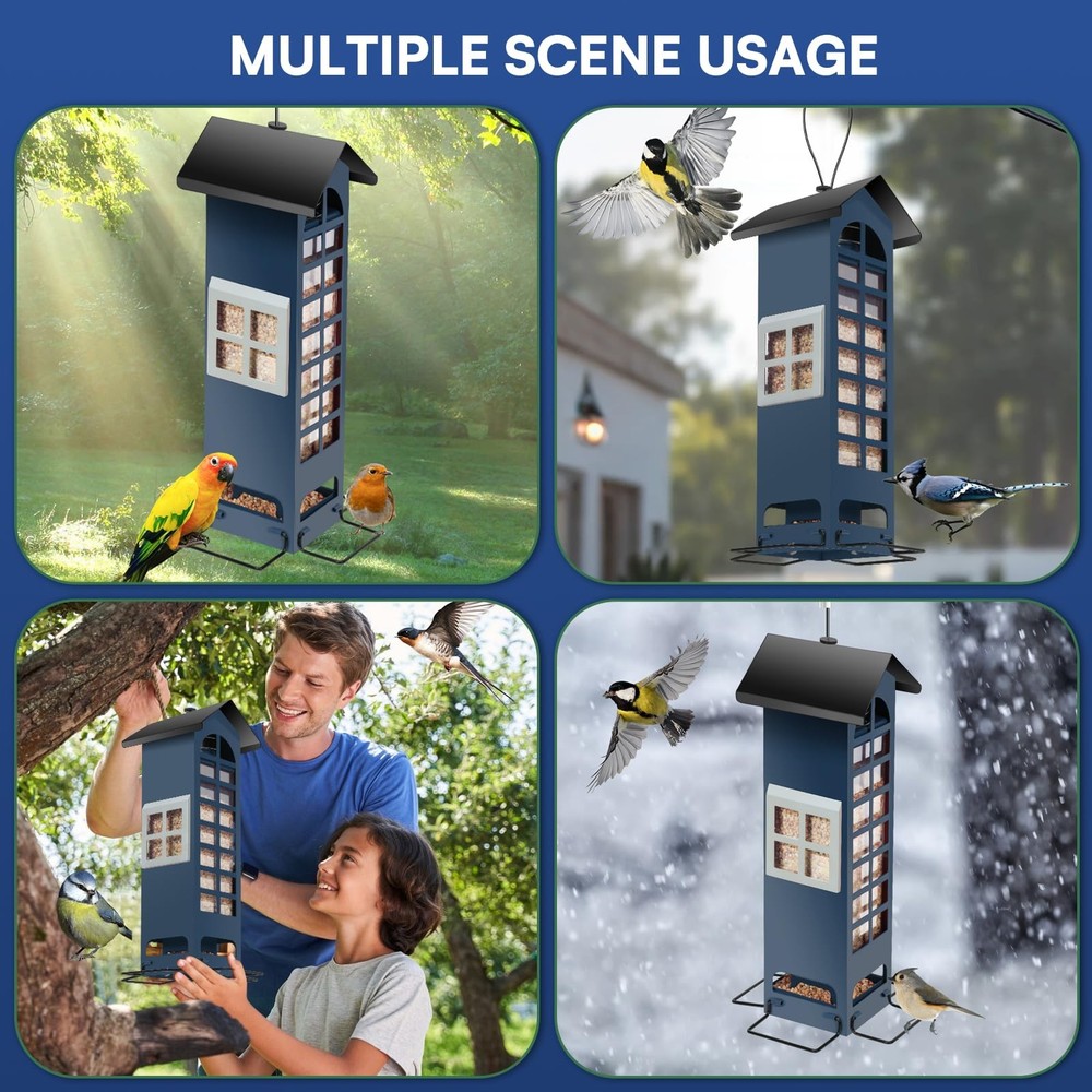 Squirrel Proof Bird Feeder,Gravity Protection Outdoors Hanging Metal blue
