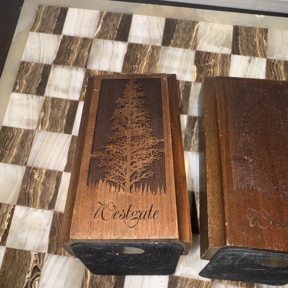 Vintage Solid Walnut Bookends Pine Cedar Tree Laser Craft Engraved 1970s Wood