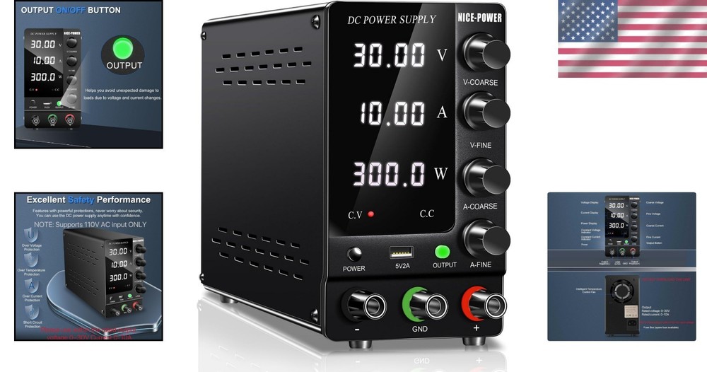 Regulated DC Power Supply 30V 10A: 4-Digit Display, USB, Stable Output Switch