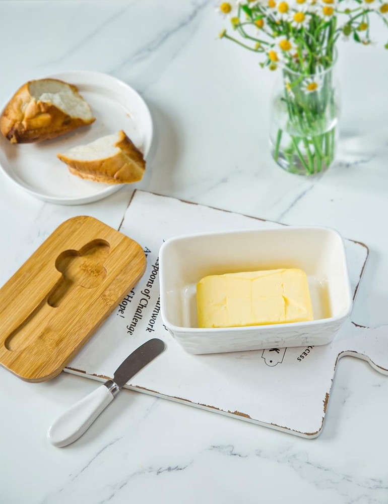 Butter Dish with Lid: Large for Countertop - Ceramic White