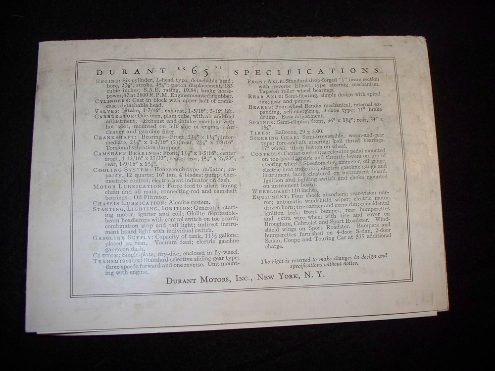 1920's Durant "65" Automobile Car Advertising Brochure