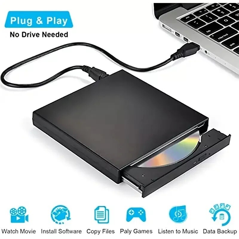 USB External CD/DVD Drive Laptop, Plug & Play, Slim Portable Optical Disk Drive