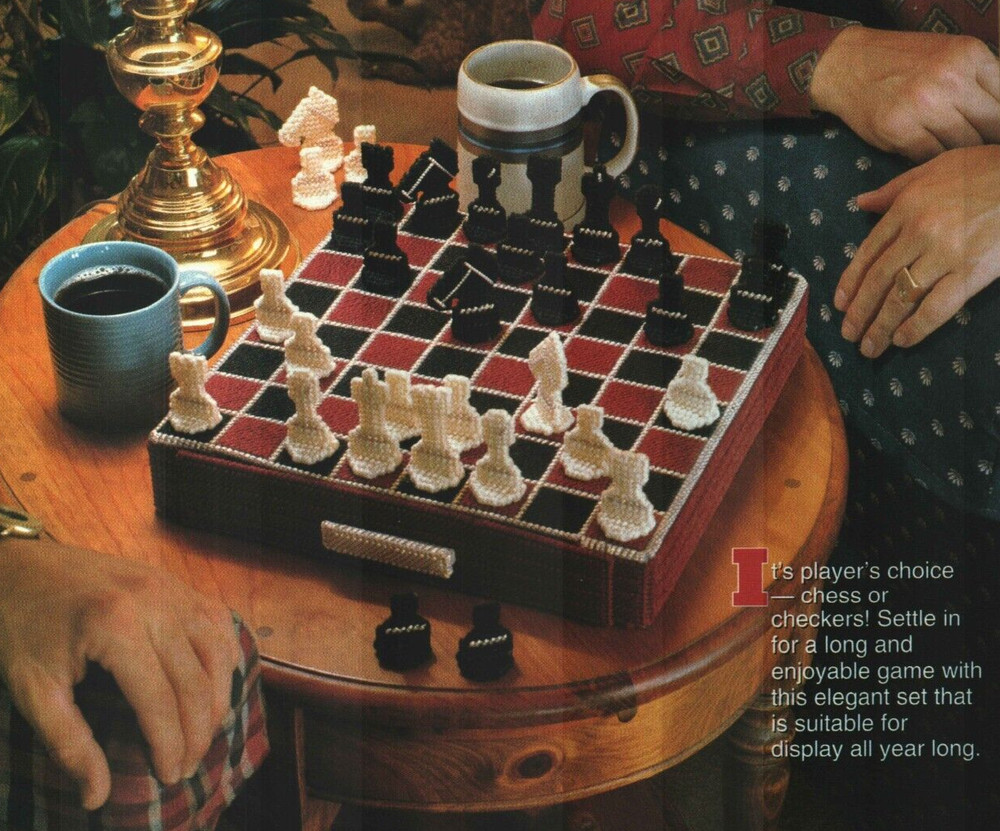 CHECK MATE CHESS GAME WITH PULL OUT STORAGE PLASTIC CANVAS PATTERN INSTRUCTIONS