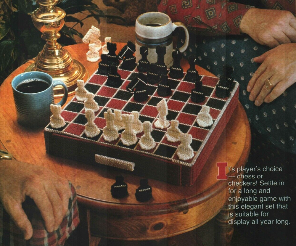 CHECK MATE CHESS GAME WITH PULL OUT STORAGE PLASTIC CANVAS PATTERN INSTRUCTIONS