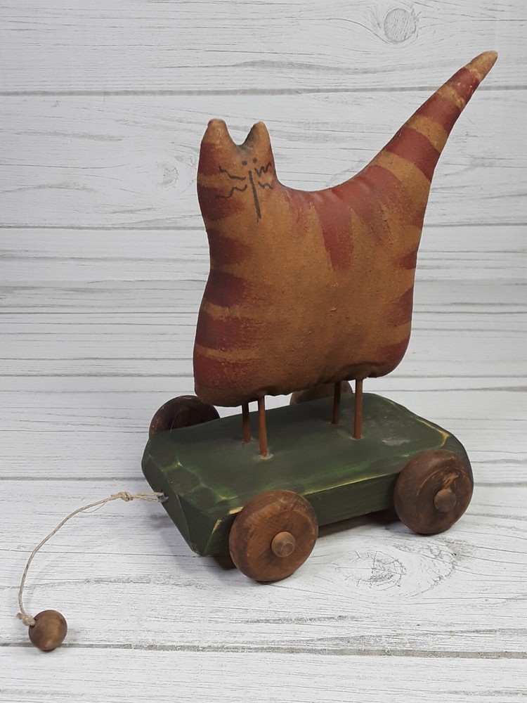 Primative Cloth Canvas Cat Pull Toy Folk Art Hand Painted Made Functioning