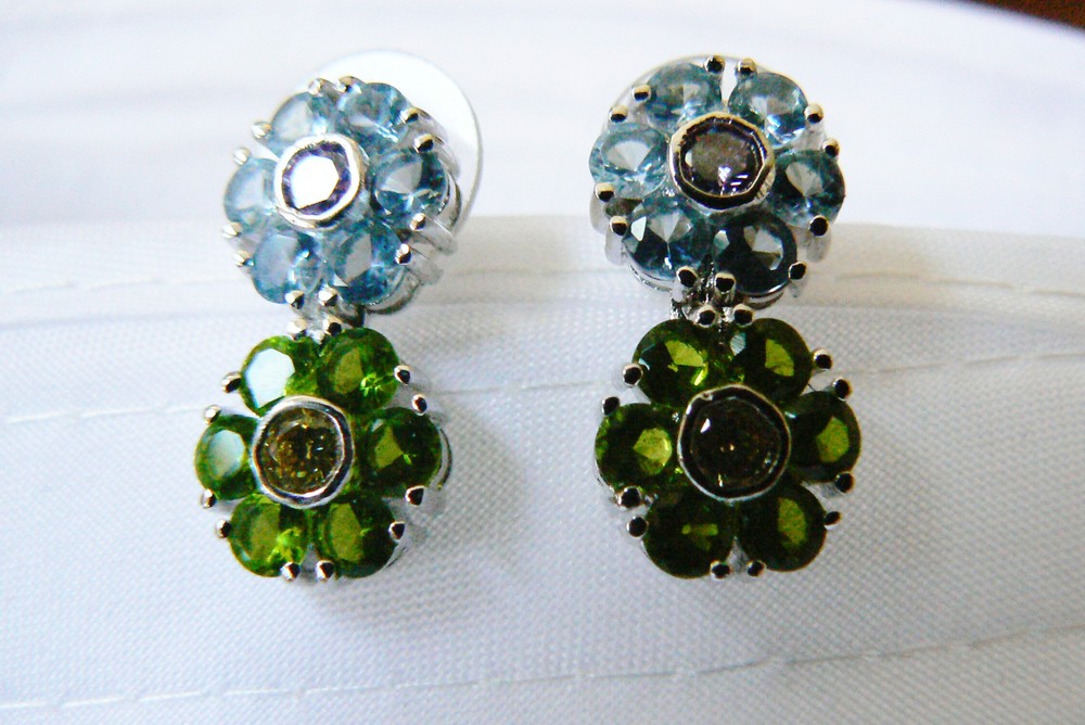 Pretty Silver tone & CZ double flower Green blue stud earrings