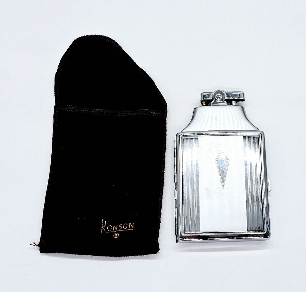 Ronson Cigarette Lighter & Case Combo w Pouch Art Deco Chrome Plated Mastercase