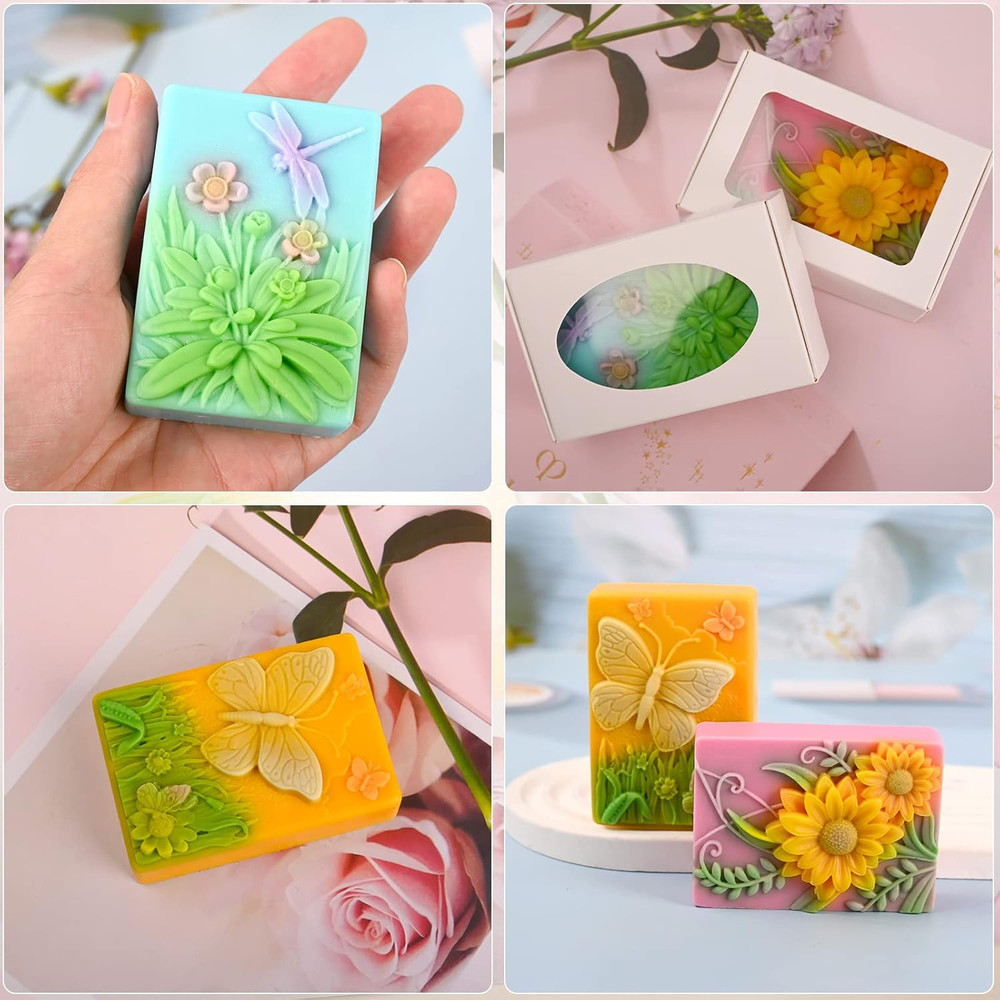 Moukiween Soap Molds Silicone, 3D Rectangular Insect Flower Silicone Molds for H