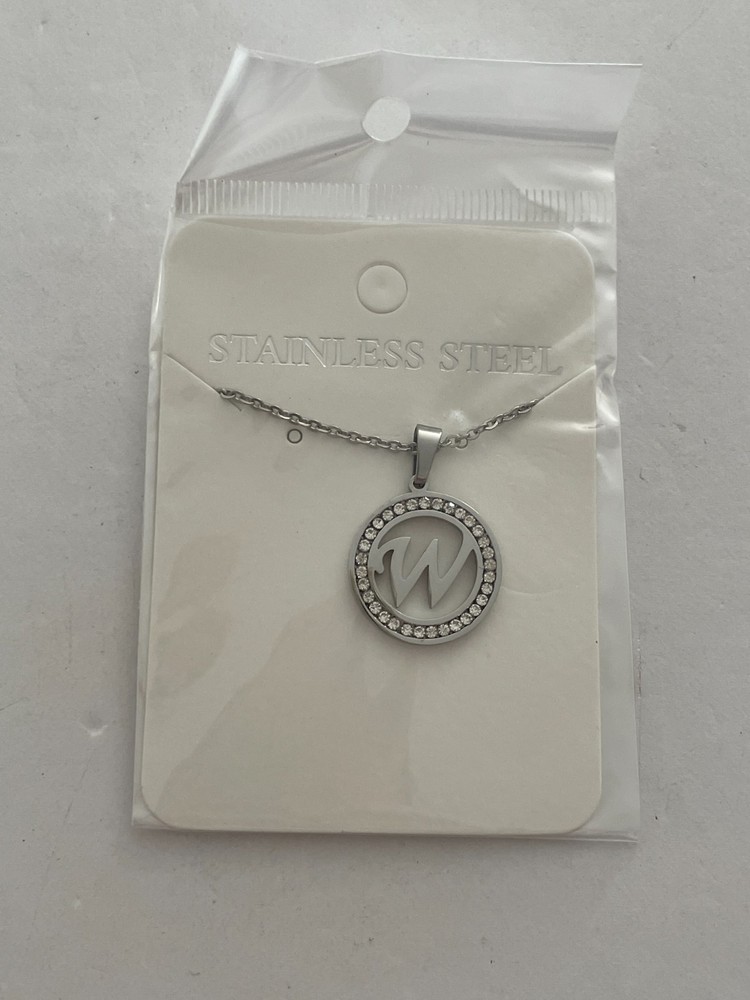 Initial W Pendant Silver Tone Rhinestone Necklace