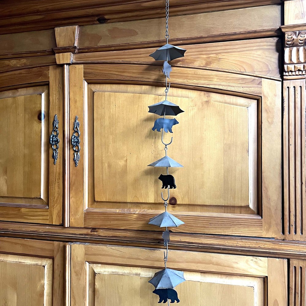 Rustic Black Bear & Umbrella Rain Chain - 75" Long Distressed Copper Finish