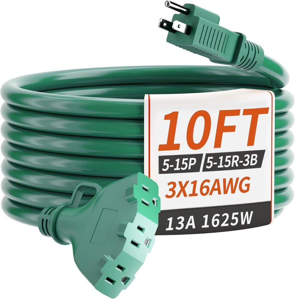 Weatherproof 10FT Green Extension Cord, 3 Multiple Outlets for Convenient Use