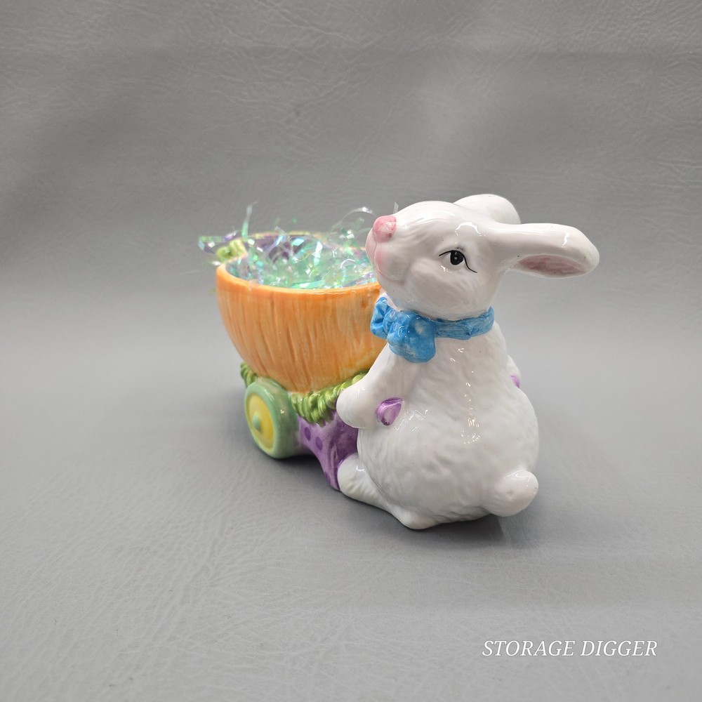Vintage Decorative Ceramic Easter White Bunny with Carrot Candy Dish 5" Tall