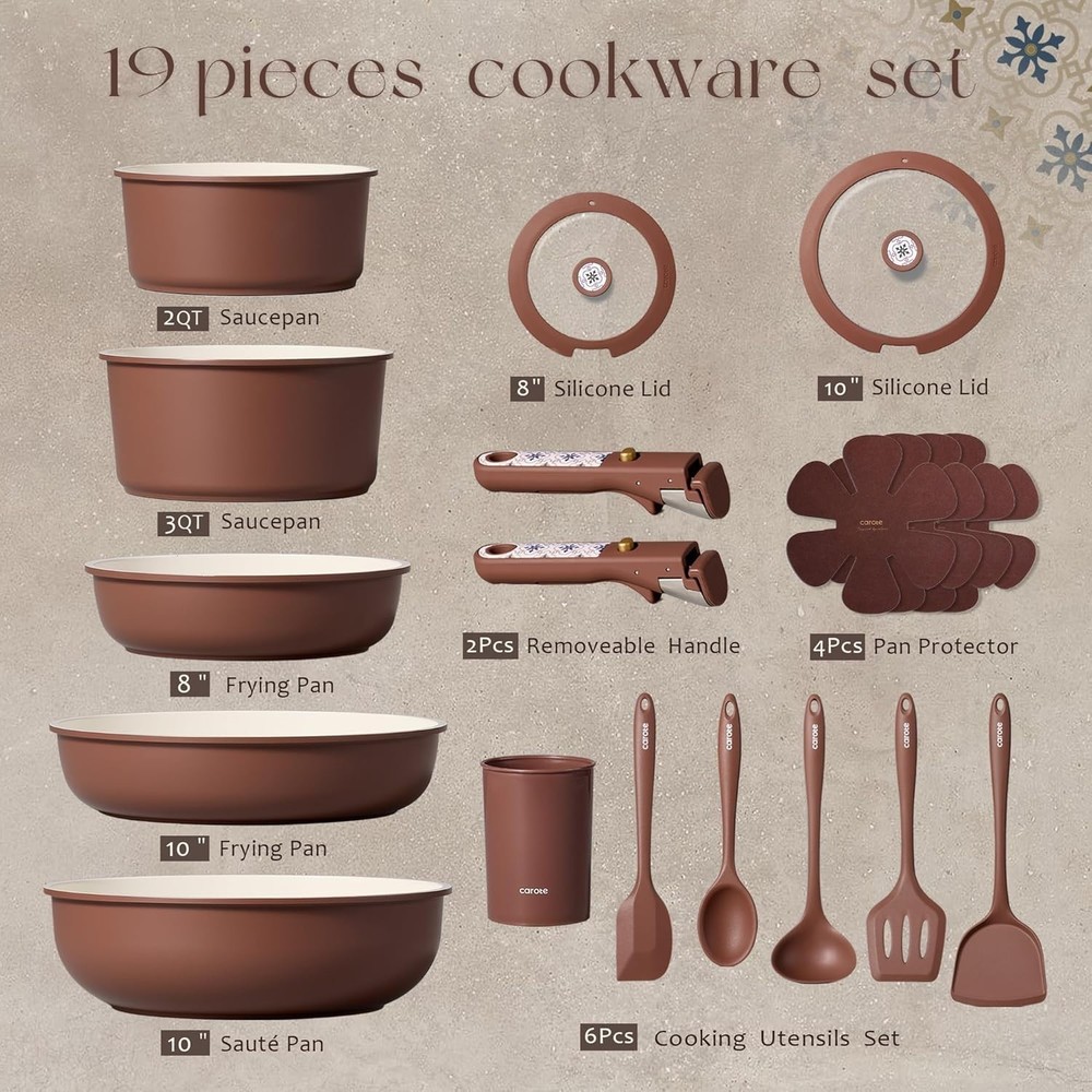 Versatile 19-Piece Ceramic Cooking Set: Detachable Handles for Compact Storage