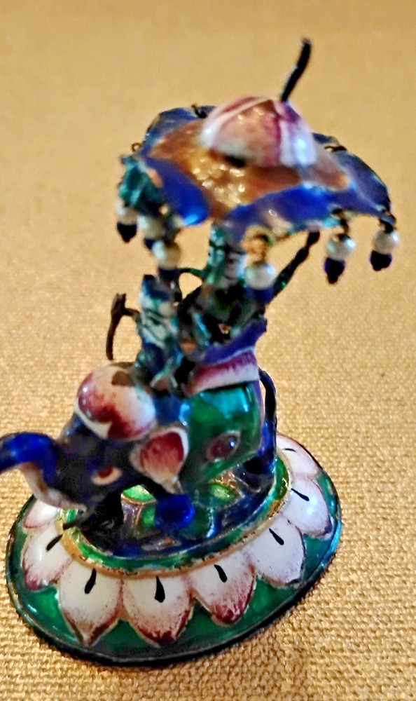 CAPARISONED ENAMELLED SILVER MINI ELEPHANT BLUE CANOPY GREEN BASE CLR HOWDAH #3