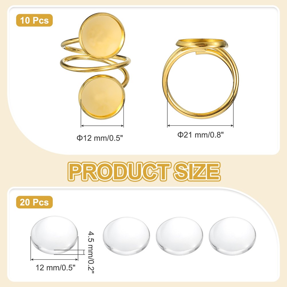 10Pcs Ring Base Blank, 12mm Ring Blank Base with 20Pcs Cabochon(Gold)