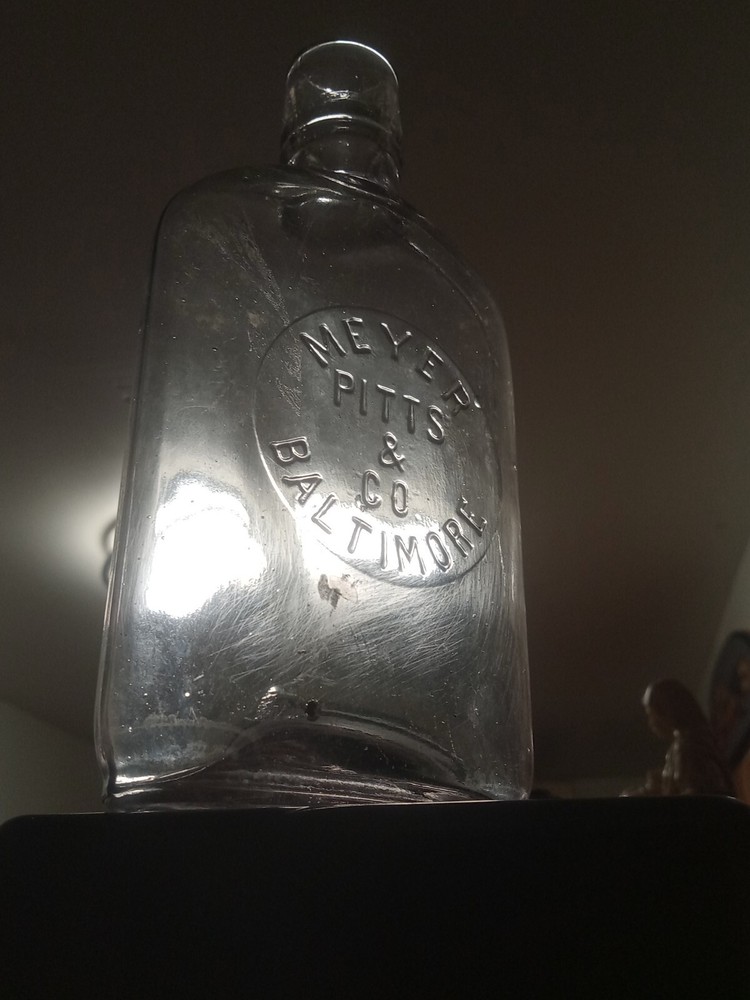 Ca.19oo "MEYER PITTS & CO" BALTIMORE MD WHISKY FLASK OR. STATE 6" BIM