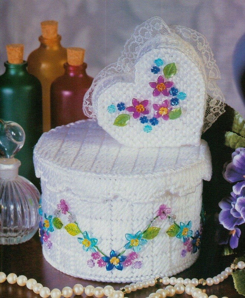 2 BEAD TRIMMED TREASURE BOXES HOME DECOR PLASTIC CANVAS PATTERN INSTRUCTIONS