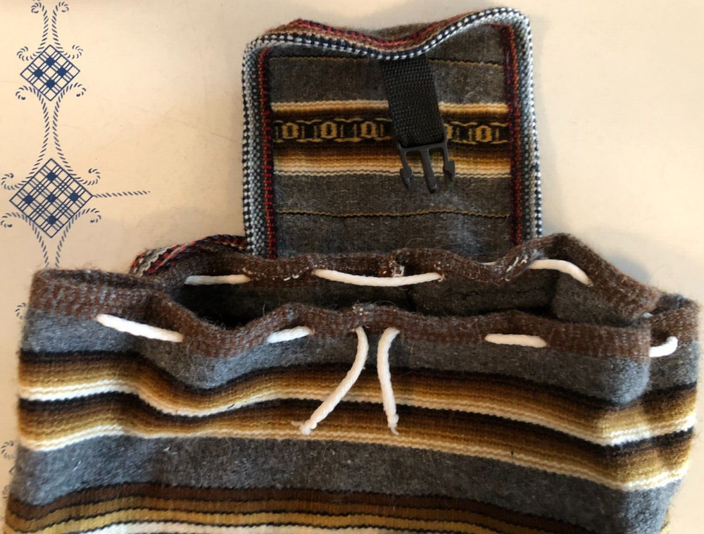 Native Woven Drawstring Backpack Large Bag Knapsack w. Zip Pocket + Clip Closure