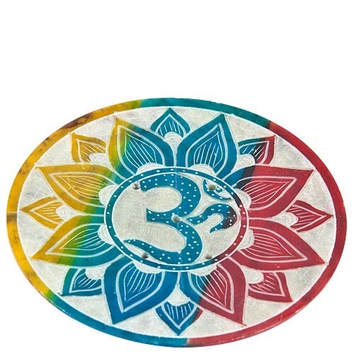 Lotus OM Symbol in Multi-Color Soapstone Plate Incense Burner - 4" D