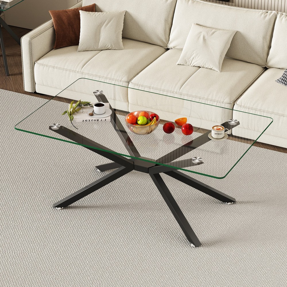 39.37" Rectangular Clear Tempered Glass Coffee Table,Stylish Design with Black